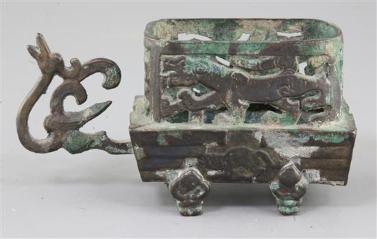 A Chinese archaic bronze brazier, Eastern Han dynasty, 25-220 A.D., 18.5cm long, 9.5cm high